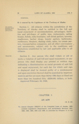 Anti-Discrimination Act, House Bill 14, from Session Laws of Alaska, 1945.